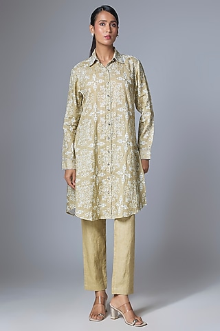 Beige & Off-White Linen Jaal Printed Co-Ord Set by Prisha's