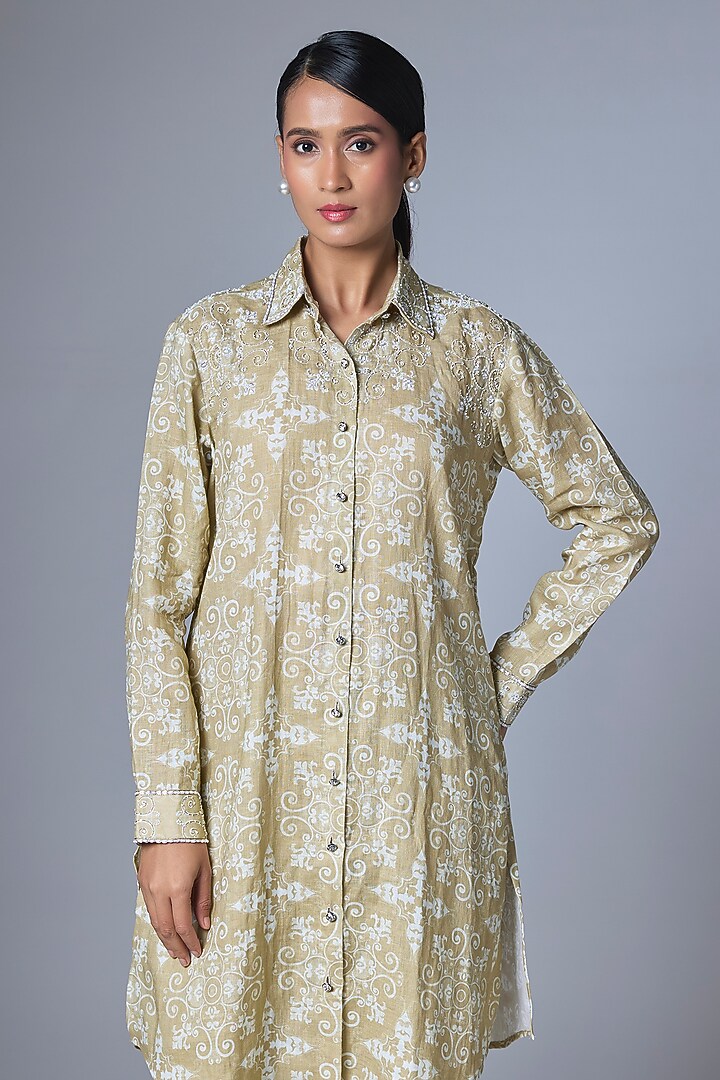 Beige & Off-White Linen Jaal Printed Co-Ord Set by Prisha's at Pernia's Pop Up Shop