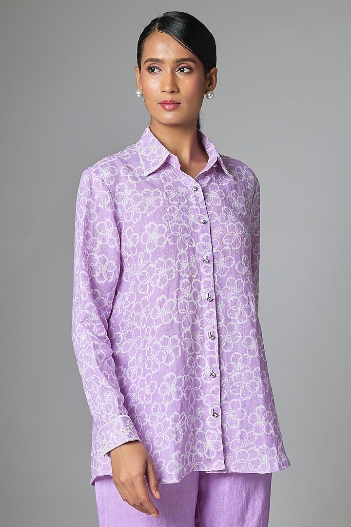 Lilac Linen Jaal Printed Shirt by Prisha's at Pernia's Pop Up Shop