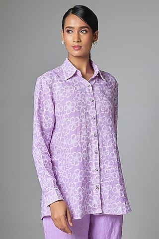 Lilac Linen Jaal Printed Shirt by Prisha's