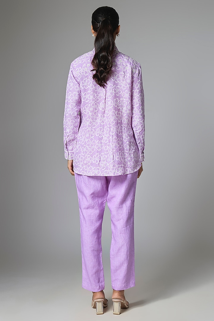 Lilac Linen Jaal Printed Shirt by Prisha's at Pernia's Pop Up Shop