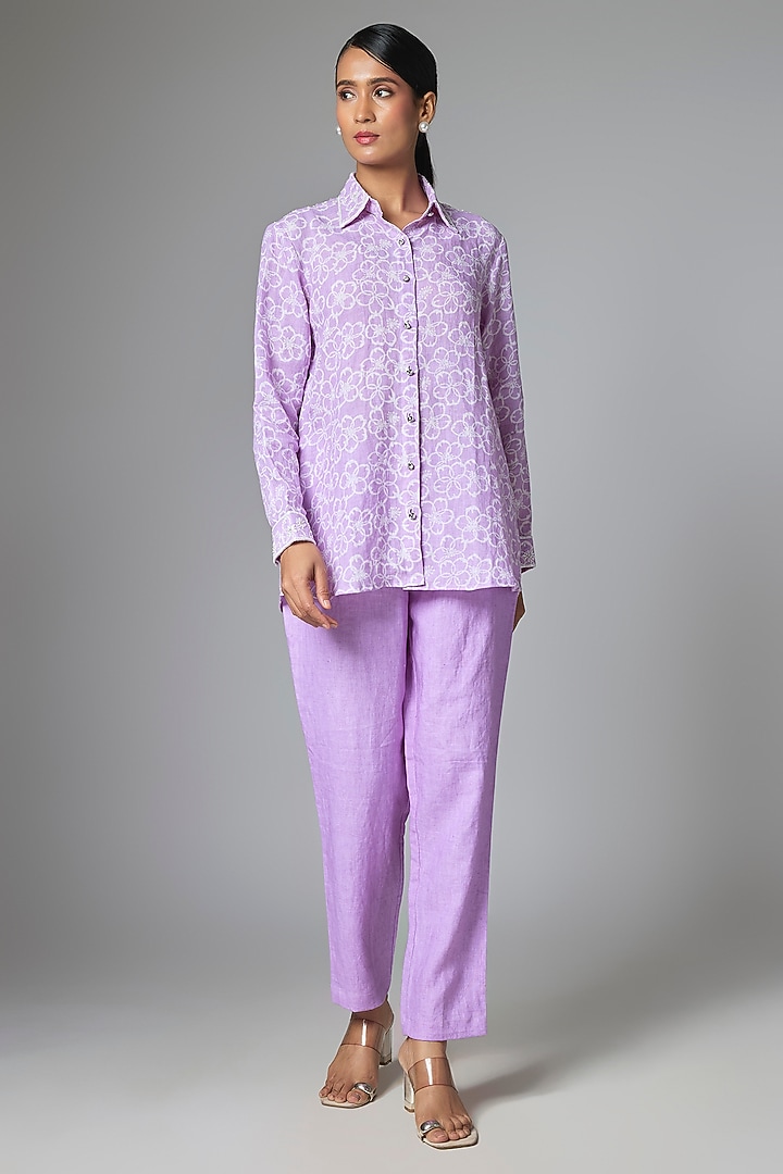 Lilac Linen Jaal Printed Shirt by Prisha's at Pernia's Pop Up Shop