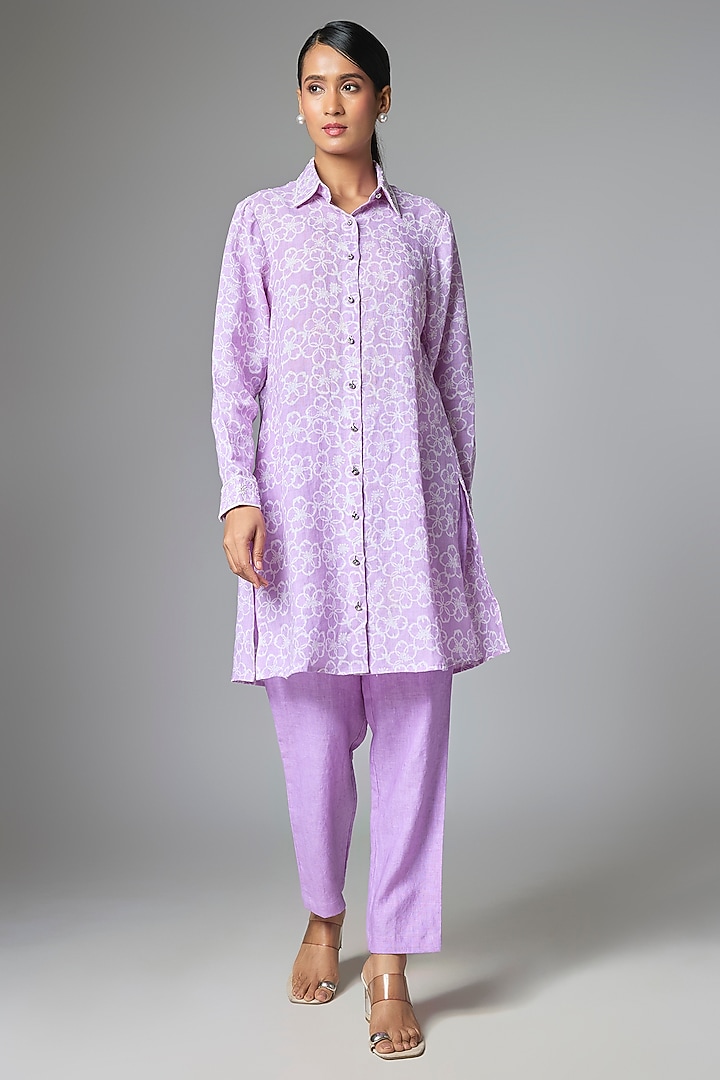 Lilac Linen Jaal Printed Co-Ord Set by Prisha's at Pernia's Pop Up Shop