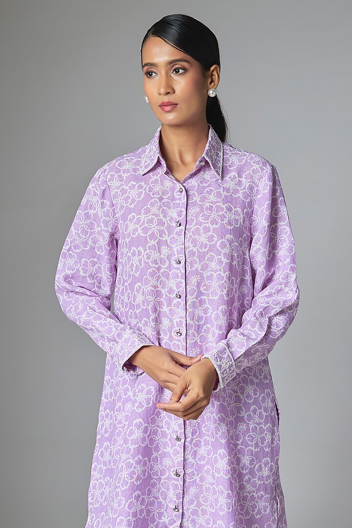 Lilac Linen Jaal Printed Co-Ord Set by Prisha's at Pernia's Pop Up Shop