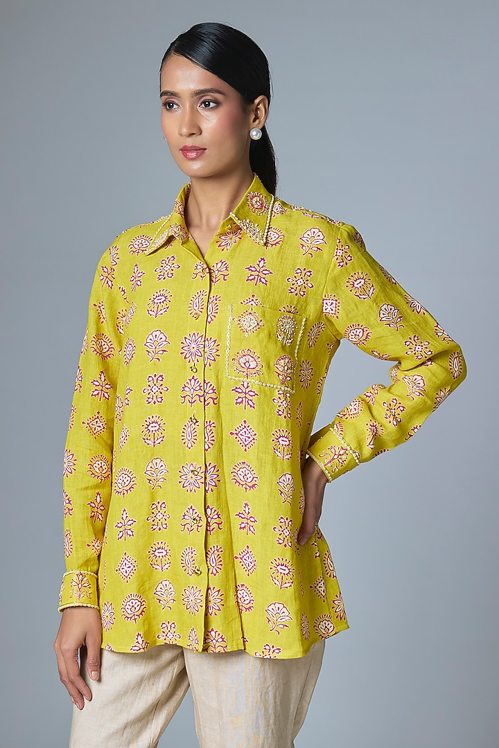Yellow & Pink Linen Shirt by Prisha's at Pernia's Pop Up Shop