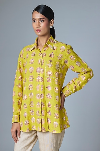 Yellow & Pink Linen Shirt by Prisha's