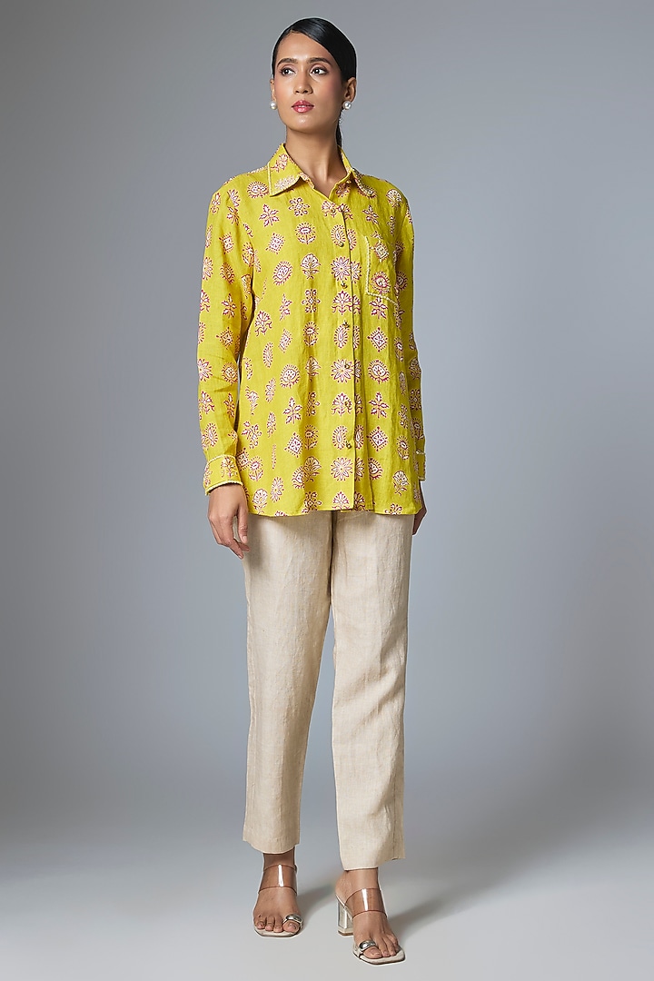 Yellow & Pink Linen Shirt by Prisha's at Pernia's Pop Up Shop