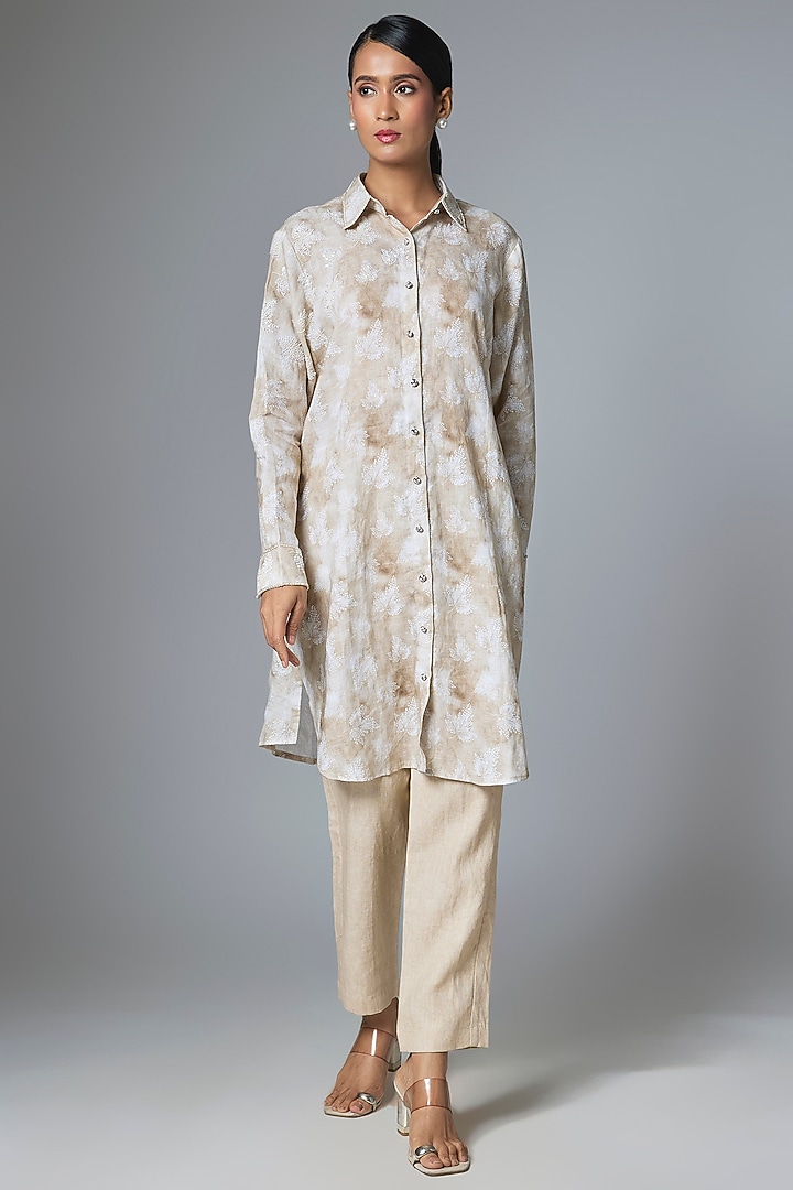 Beige & Off-White Linen Embroidered Co-Ord Set by Prisha's at Pernia's Pop Up Shop