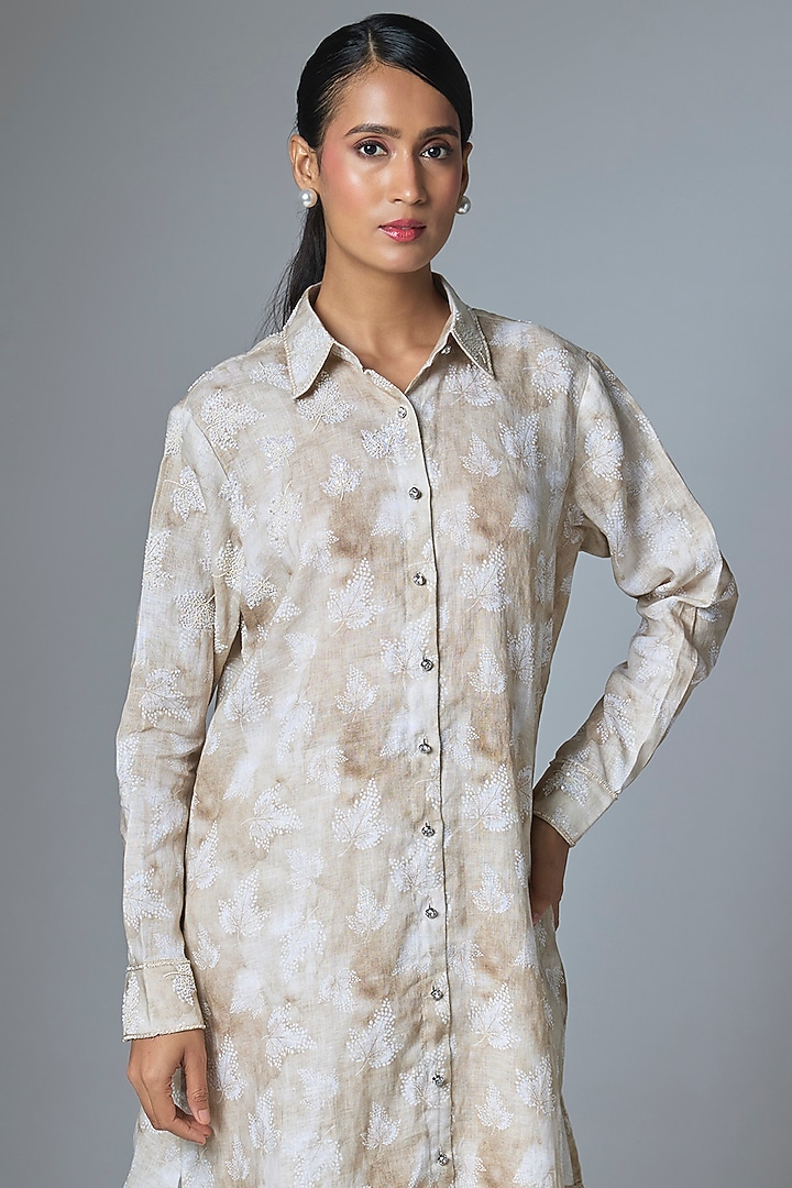 Beige & Off-White Linen Embroidered Co-Ord Set by Prisha's at Pernia's Pop Up Shop