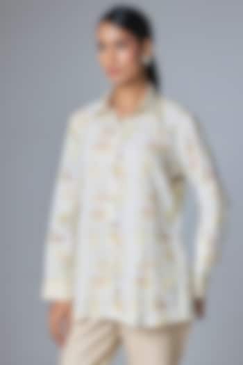 Yellow Linen Printed & Embroidered Shirt by Prisha's at Pernia's Pop Up Shop