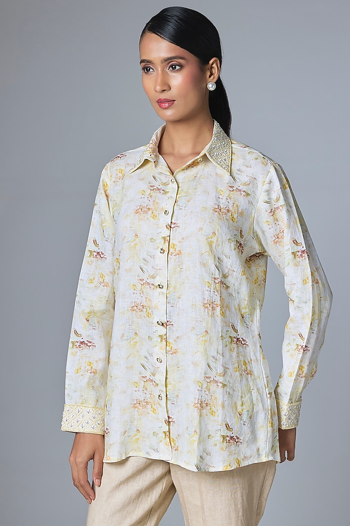 Yellow Linen Printed & Embroidered Shirt by Prisha's at Pernia's Pop Up Shop