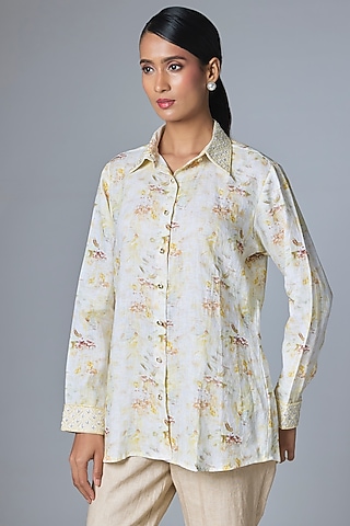 Yellow Linen Printed & Embroidered Shirt by Prisha's