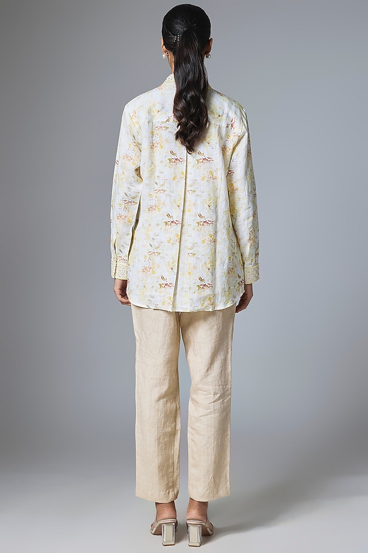 Yellow Linen Printed & Embroidered Shirt by Prisha's at Pernia's Pop Up Shop