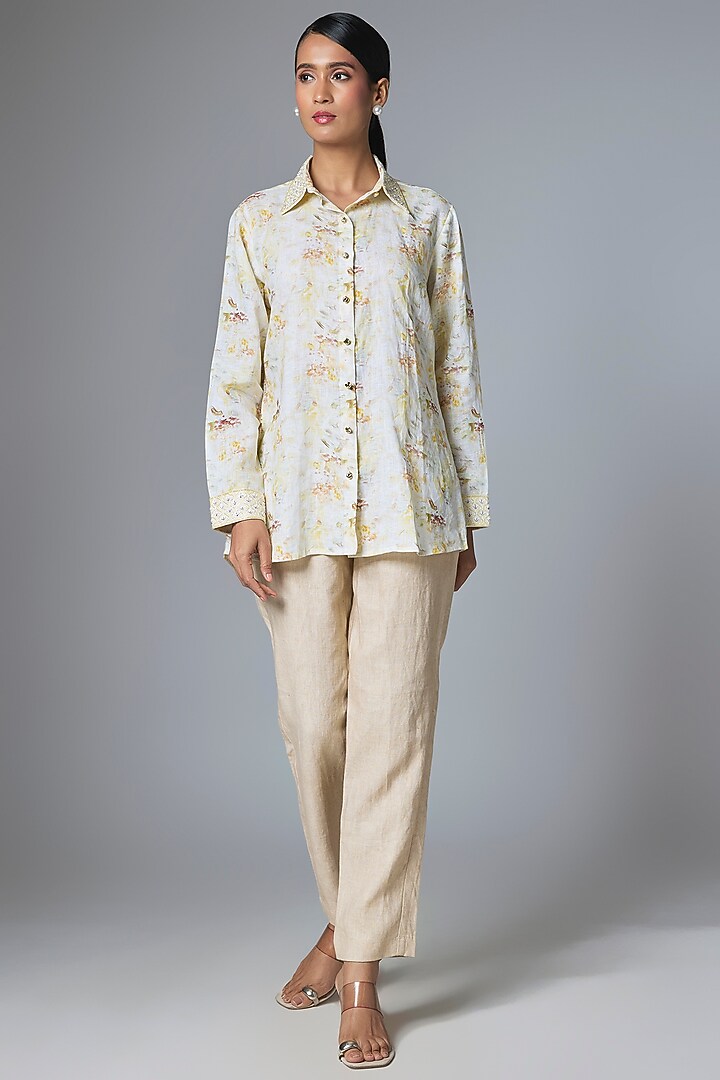 Yellow Linen Printed & Embroidered Shirt by Prisha's at Pernia's Pop Up Shop