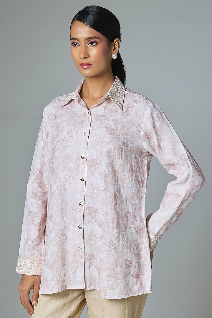Pink Linen Printed & Embroidered Shirt by Prisha's at Pernia's Pop Up Shop