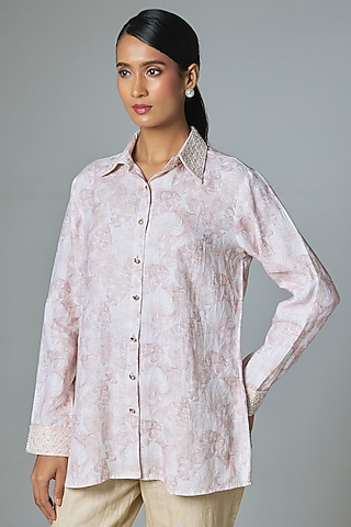 Pink Linen Printed & Embroidered Shirt by Prisha's
