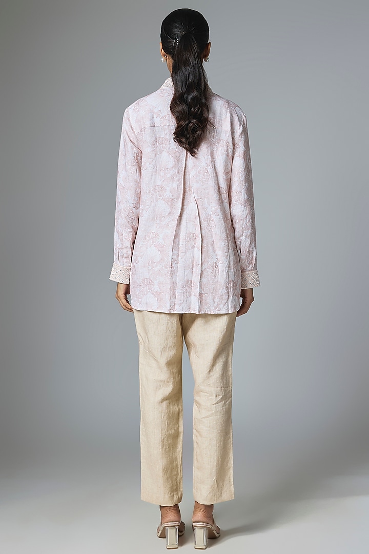 Pink Linen Printed & Embroidered Shirt by Prisha's at Pernia's Pop Up Shop