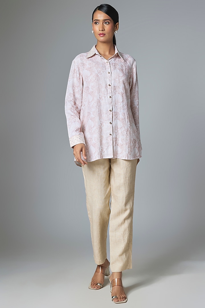Pink Linen Printed & Embroidered Shirt by Prisha's at Pernia's Pop Up Shop