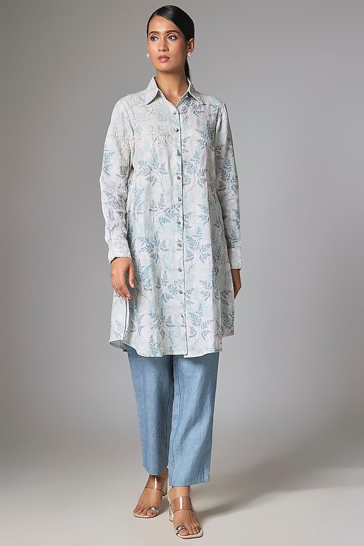 Off-White & Beige Linen Printed Co-Ord Set by Prisha's at Pernia's Pop Up Shop