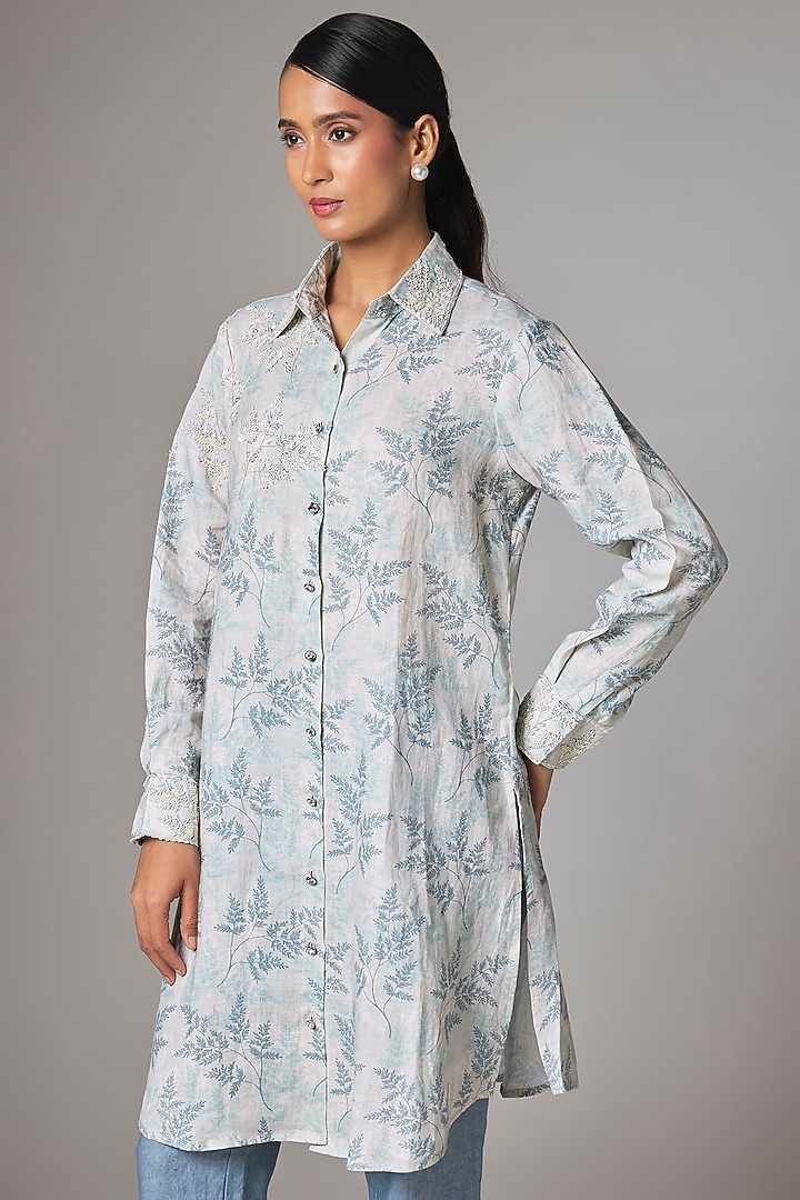 Off-White & Beige Linen Printed Co-Ord Set by Prisha's at Pernia's Pop Up Shop