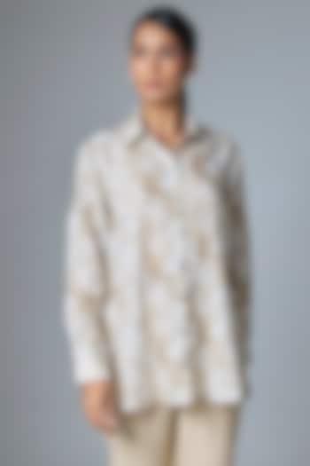 Beige & Off-White Linen Embroidered Shirt by Prisha's at Pernia's Pop Up Shop