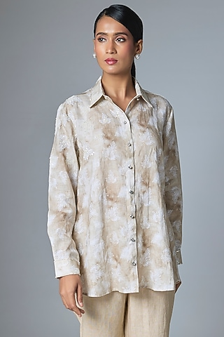 Beige & Off-White Linen Embroidered Shirt by Prisha's