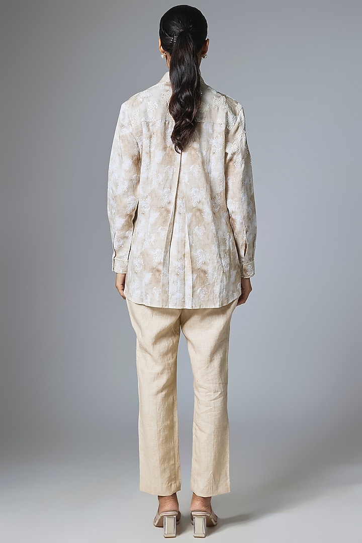 Beige & Off-White Linen Embroidered Shirt by Prisha's at Pernia's Pop Up Shop