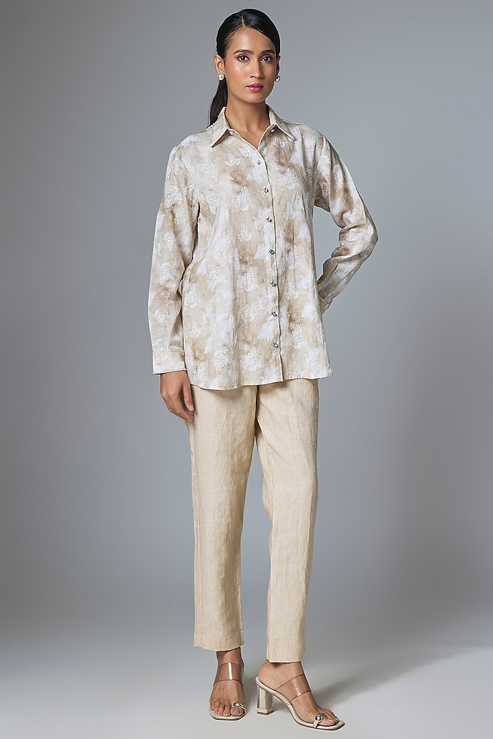 Beige & Off-White Linen Embroidered Shirt by Prisha's at Pernia's Pop Up Shop