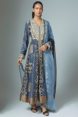 Black & Blue Kora Silk Printed Kurta Set by Prisha's
