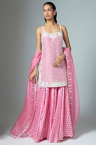 Pink Kora Silk Printed & Embroidered Kurta Set by Prisha's