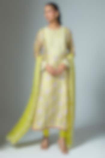 Green Kora Silk Ajrakh Printed & Crystal Embroidered Kalidar Kurta Set by Prisha's at Pernia's Pop Up Shop