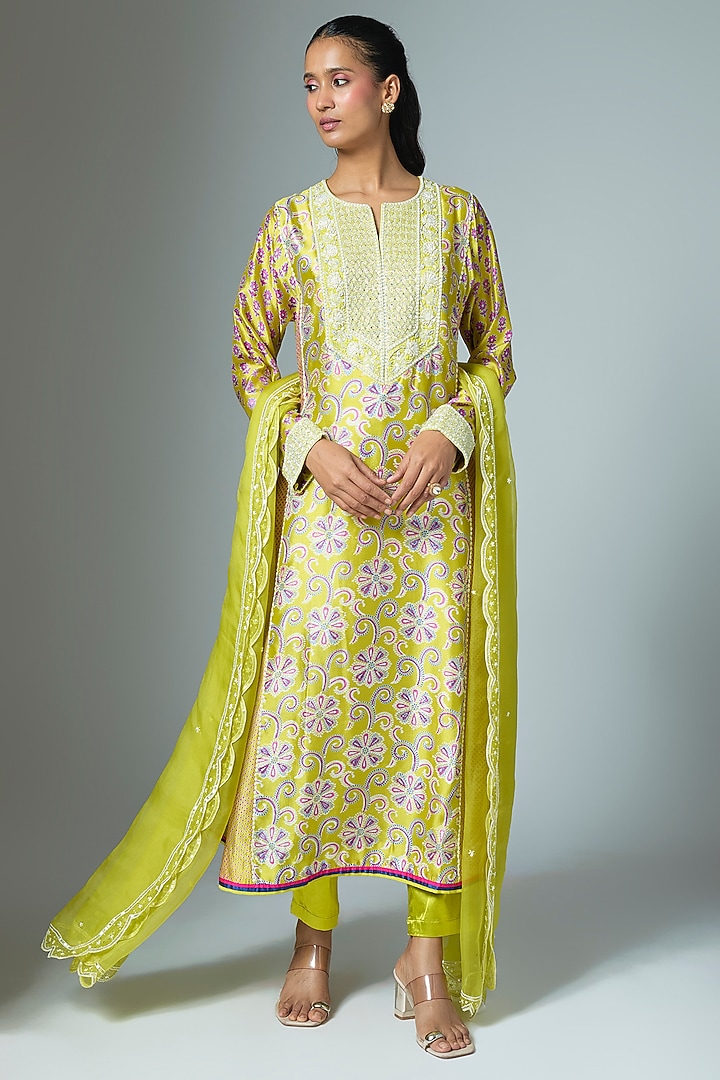 Green Kora Silk Ajrakh Printed & Crystal Embroidered Kalidar Kurta Set by Prisha's at Pernia's Pop Up Shop