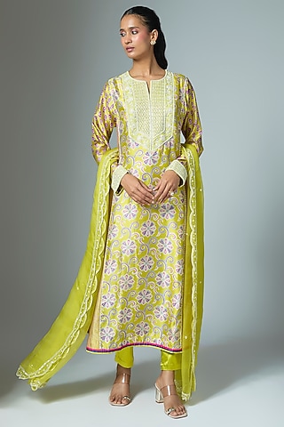 Green Kora Silk Ajrakh Printed & Crystal Embroidered Kalidar Kurta Set by Prisha's
