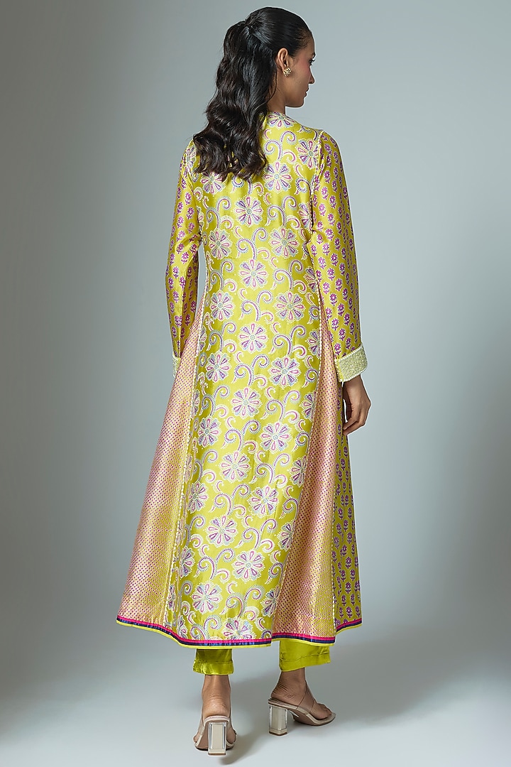 Green Kora Silk Ajrakh Printed & Crystal Embroidered Kalidar Kurta Set by Prisha's at Pernia's Pop Up Shop
