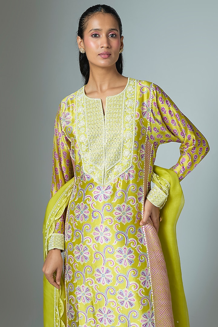 Green Kora Silk Ajrakh Printed & Crystal Embroidered Kalidar Kurta Set by Prisha's at Pernia's Pop Up Shop