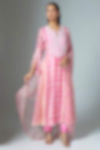 Pink Kora Silk Ajrakh Printed & Embroidered Kurta Set by Prisha's at Pernia's Pop Up Shop