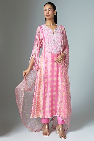 Pink Kora Silk Ajrakh Printed & Embroidered Kurta Set by Prisha's