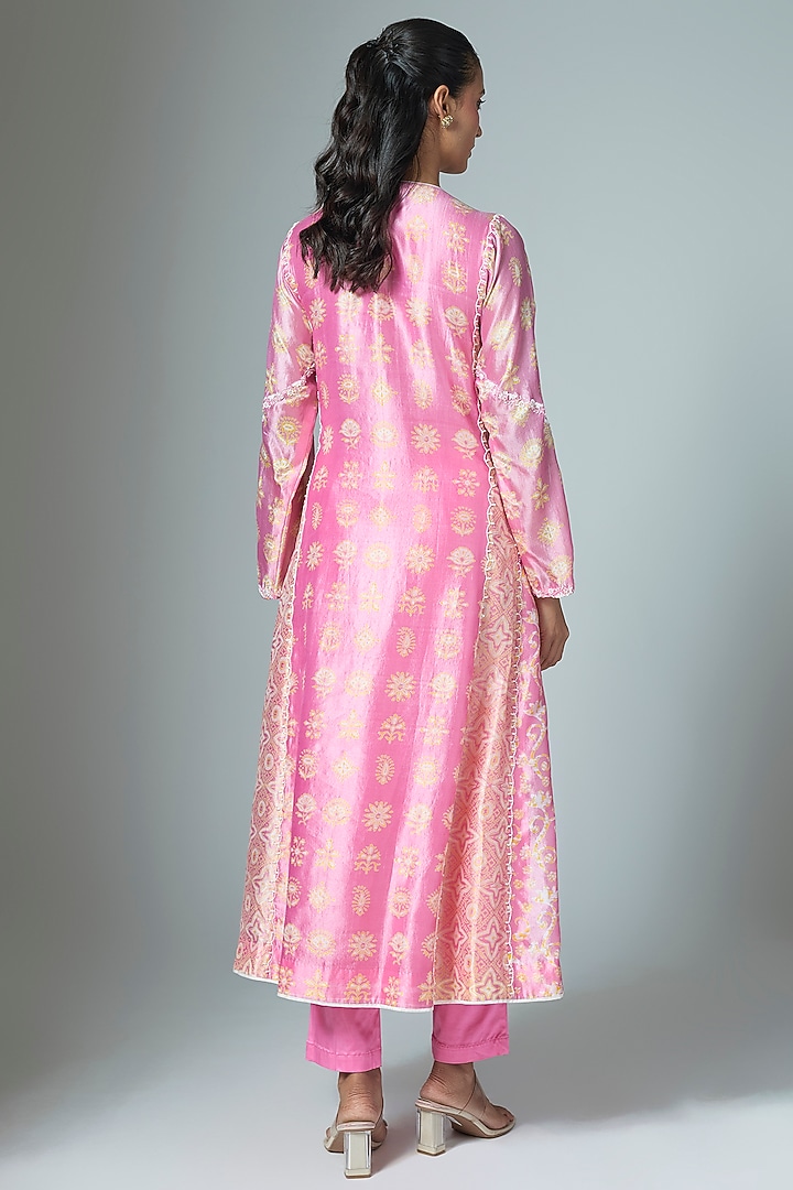 Pink Kora Silk Ajrakh Printed & Embroidered Kurta Set by Prisha's at Pernia's Pop Up Shop