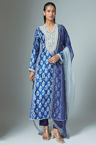 Blue Kora Silk Printed & Embroidered Kurta Set by Prisha's