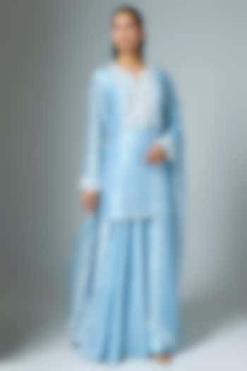 Blue Kora Silk Printed & Embroidered Kurta Set by Prisha's at Pernia's Pop Up Shop