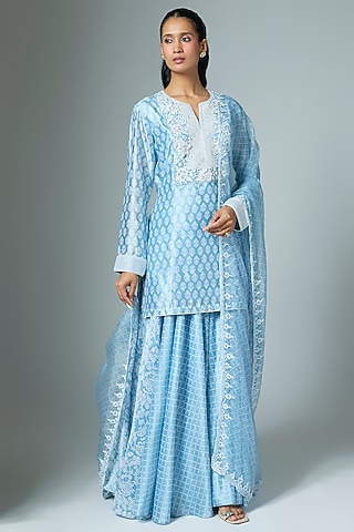 Blue Kora Silk Printed & Embroidered Kurta Set by Prisha's