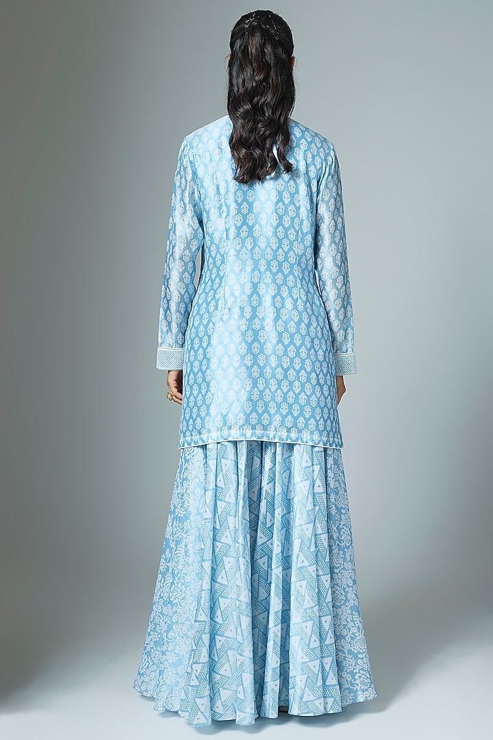 Blue Kora Silk Printed & Embroidered Kurta Set by Prisha's at Pernia's Pop Up Shop