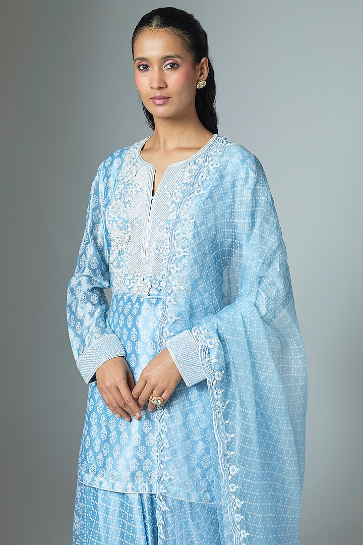 Blue Kora Silk Printed & Embroidered Kurta Set by Prisha's at Pernia's Pop Up Shop