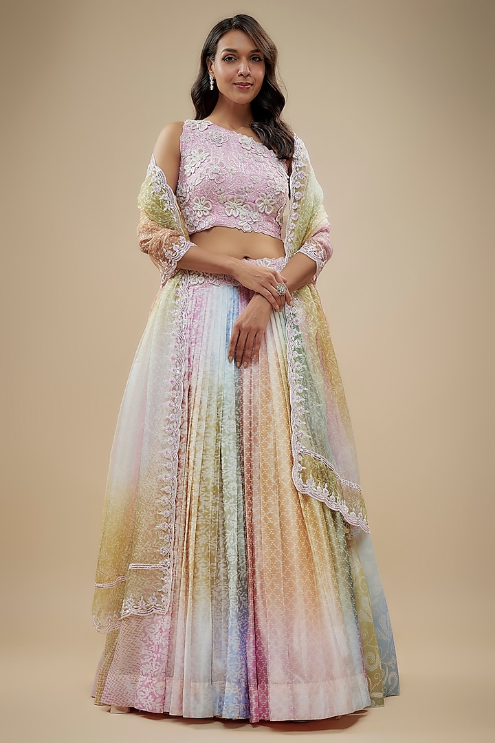 Multi-Colored Kora Silk Block Printed Wedding Lehenga Set by Prisha's at Pernia's Pop Up Shop