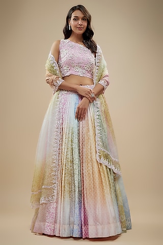 Multi-Colored Kora Silk Block Printed Lehenga Set by Prisha's