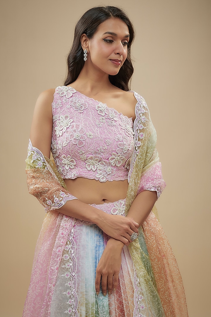 Multi-Colored Kora Silk Block Printed Wedding Lehenga Set by Prisha's at Pernia's Pop Up Shop