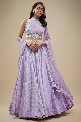 Lilac Kora Silk Block Printed Lehenga Set by Prisha's