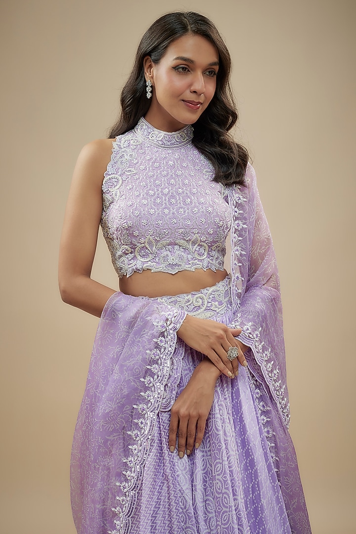Lilac Kora Silk Block Printed Wedding Lehenga Set by Prisha's at Pernia's Pop Up Shop