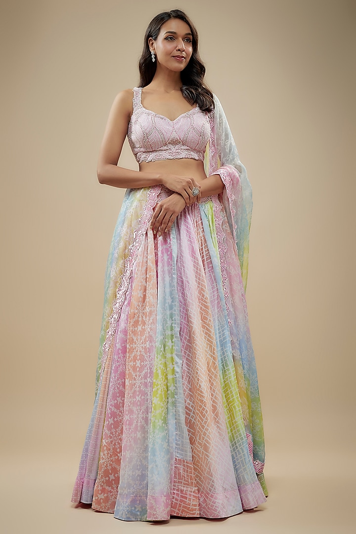 Multi-Colored Pastel Kora Silk Block Printed Wedding Lehenga Set by Prisha's at Pernia's Pop Up Shop