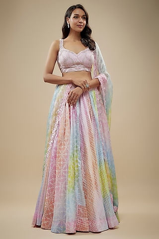 Multi-Colored Pastel Kora Silk Block Printed Lehenga Set by Prisha's